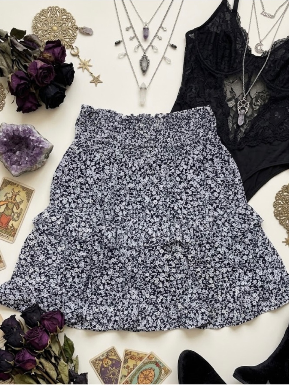Sienna Sky Tiered Ditsy Floral Print Mini Skirt Elastic Waistband